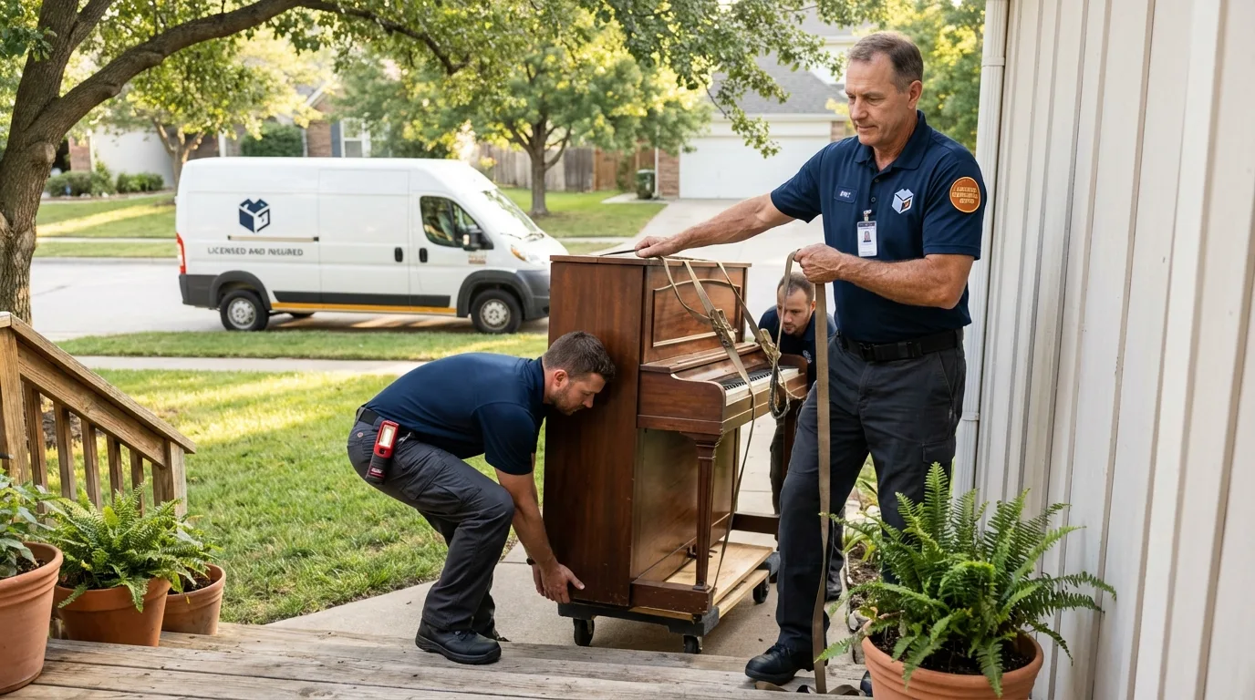 Licensed piano movers securing grand piano in Alexandria, LA