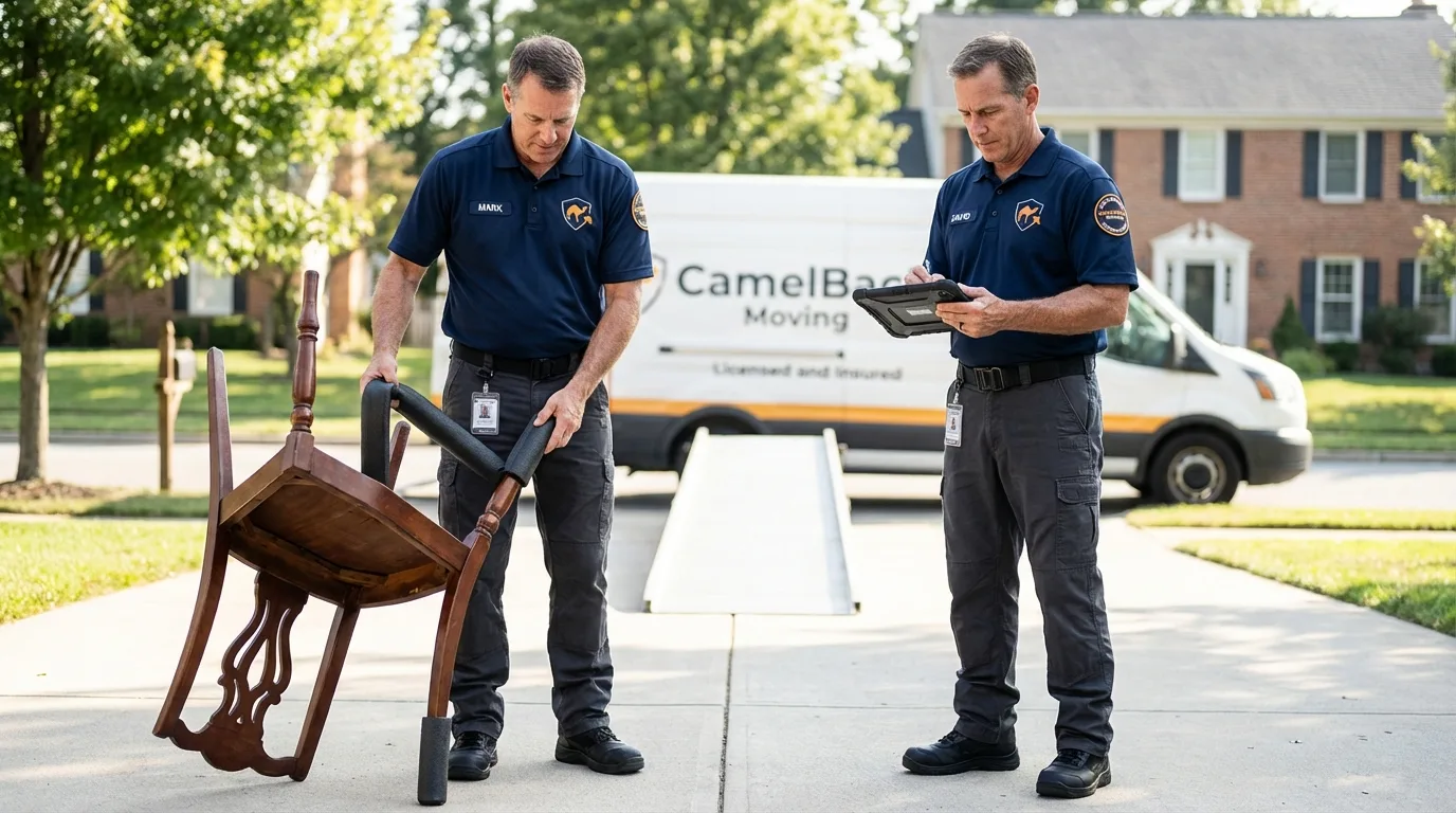 Movers inspecting furniture for damage prevention before loading in Alexandria, LA