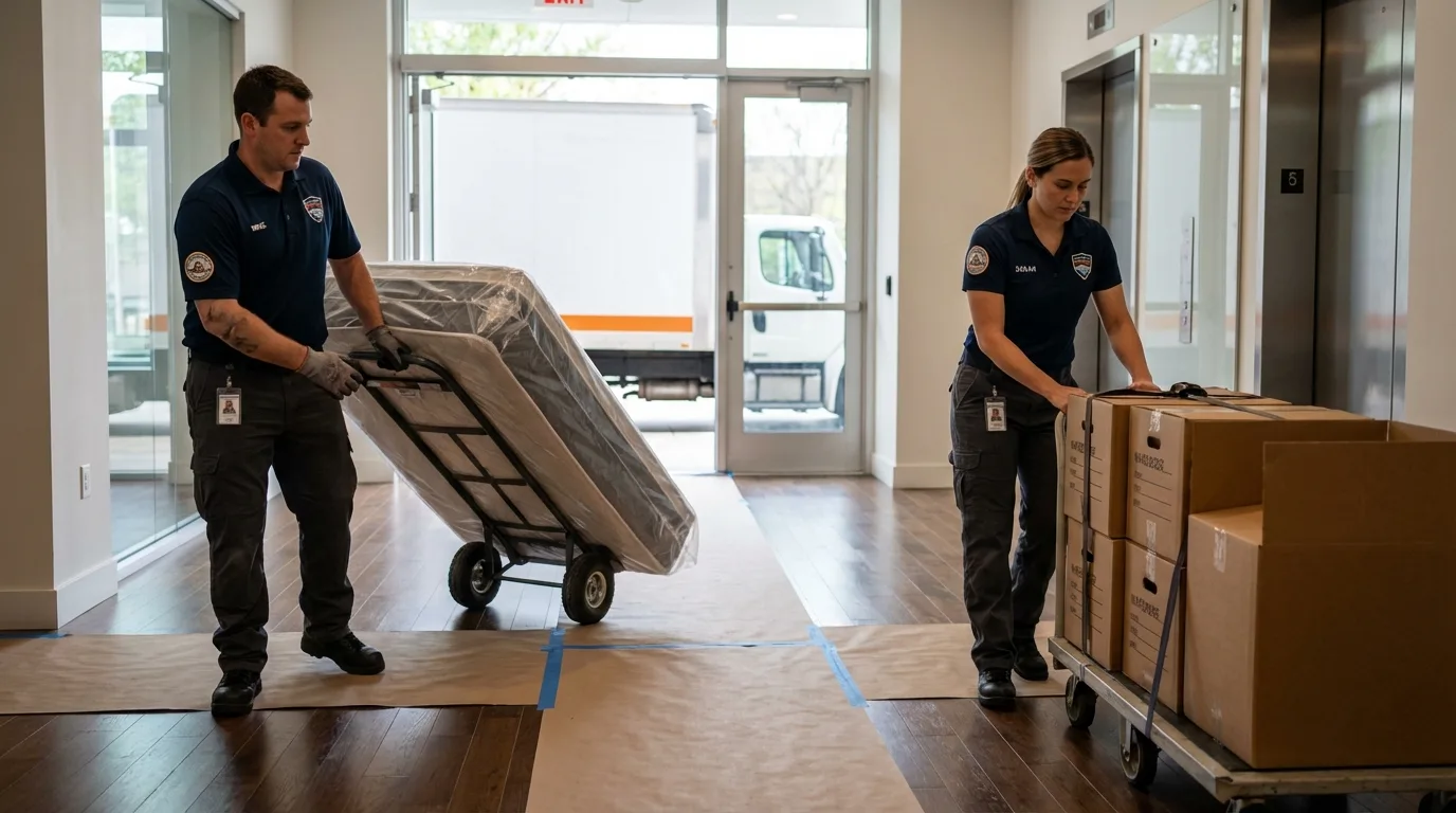Professional apartment movers loading elevator in Alexandria, LA